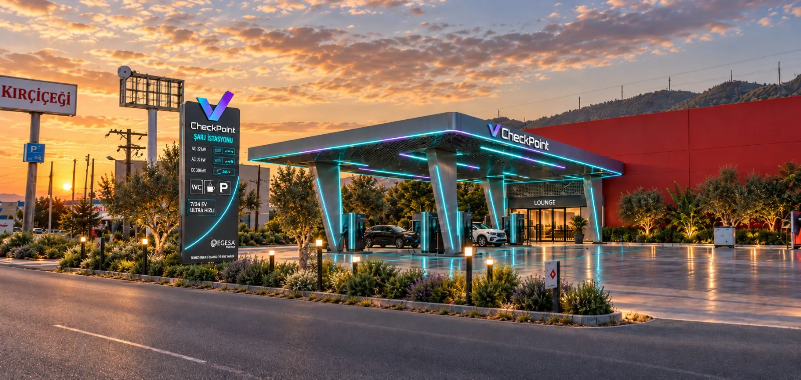 Söke Charging Hub — gün batımında aydınlatılmış Checkpoint şarj sahası, kanopi altında şarj olan araçlar