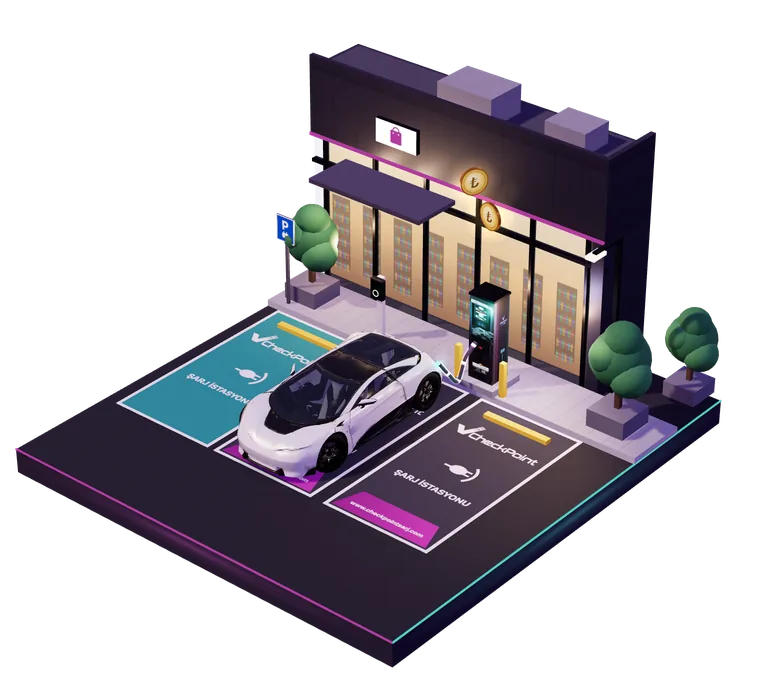 AVM önündeki otoparkta Checkpoint 180 kW DC şarj cihazına bağlı, şarj olan beyaz bir elektrikli araç; cihazın üstünden yükselen ₺ jetonları, yanındaki boş park yerlerinde Checkpoint logosu